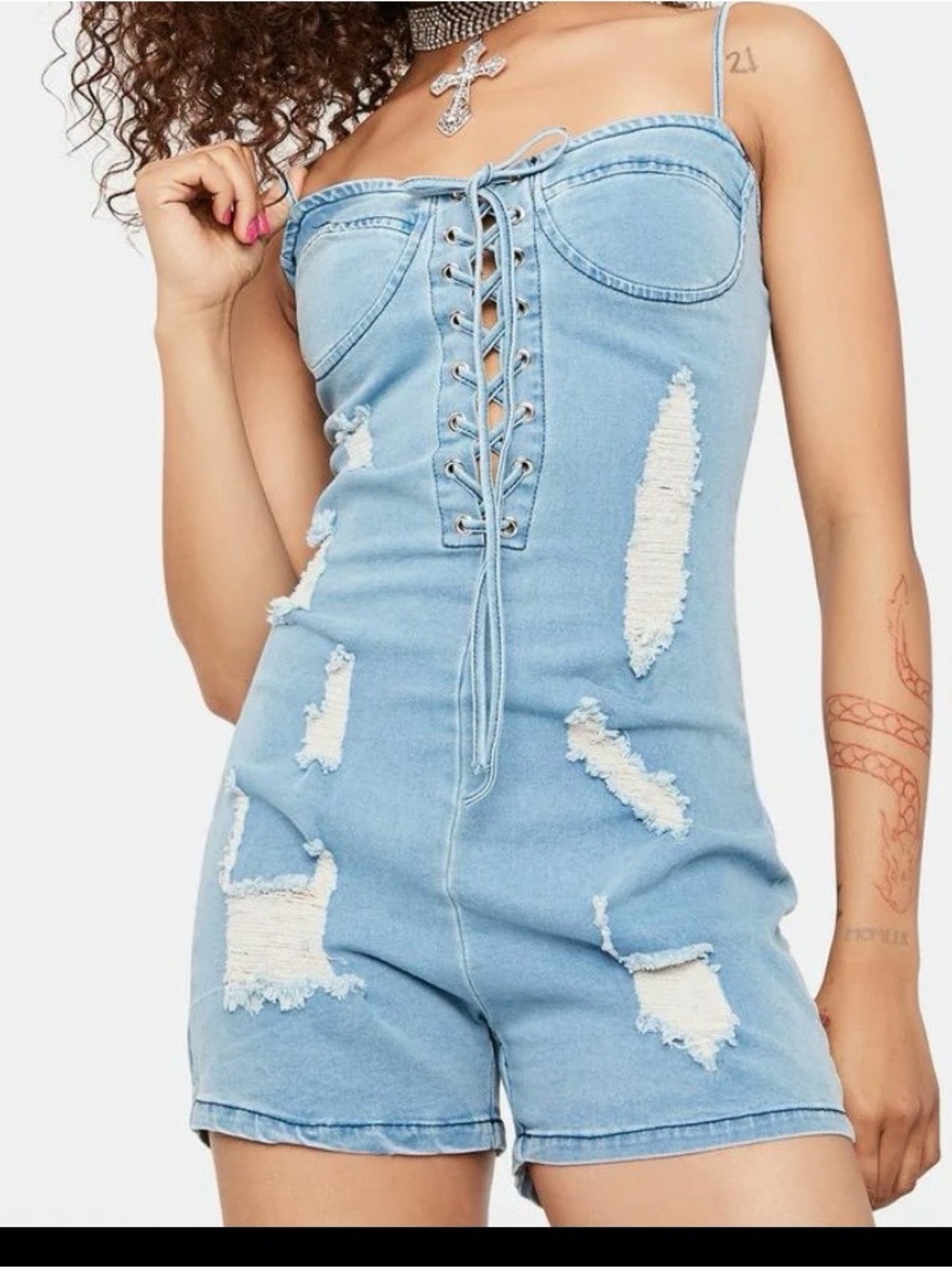 “Hot & Delicious” for DollsKill - Distressed, Lace-Up Denim Romper -size L - NEW